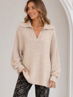 Zen + Zeus Beige Knit Sweater Medium Boho Fringe V-Neck Neutral Cozy Oversized